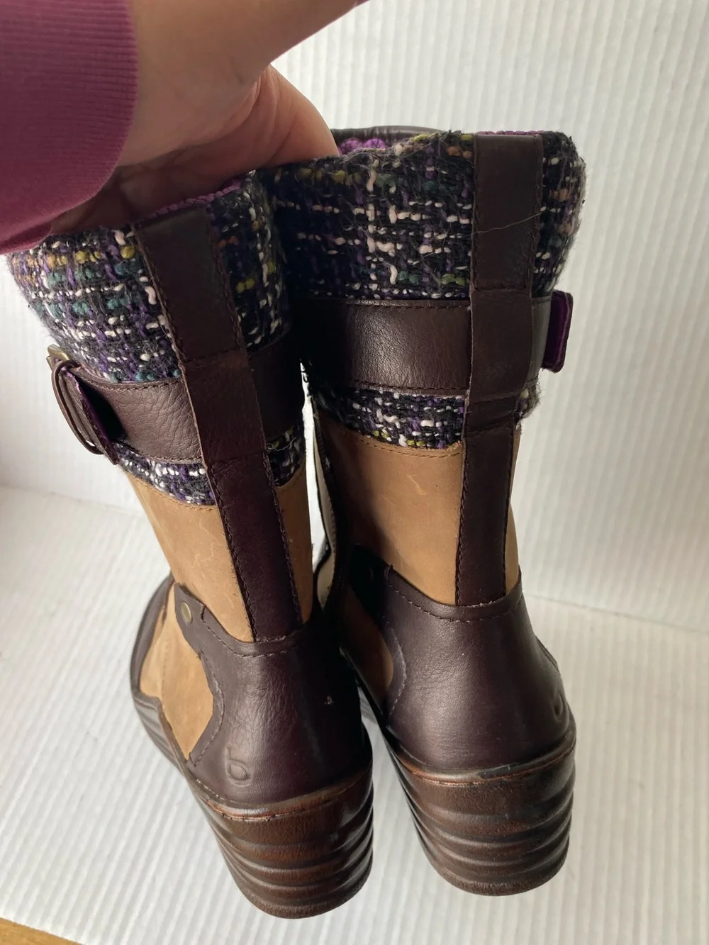 BIONICA Garland Brown Leather Purple Tweed Wedge Snow Boot 6.5 Gorpcore